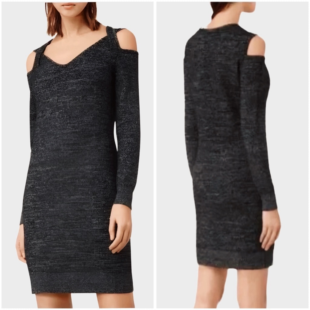 Women's AllSaints Neri Sweater Dress 100% Merino Wool, Size Large, Dark Gray